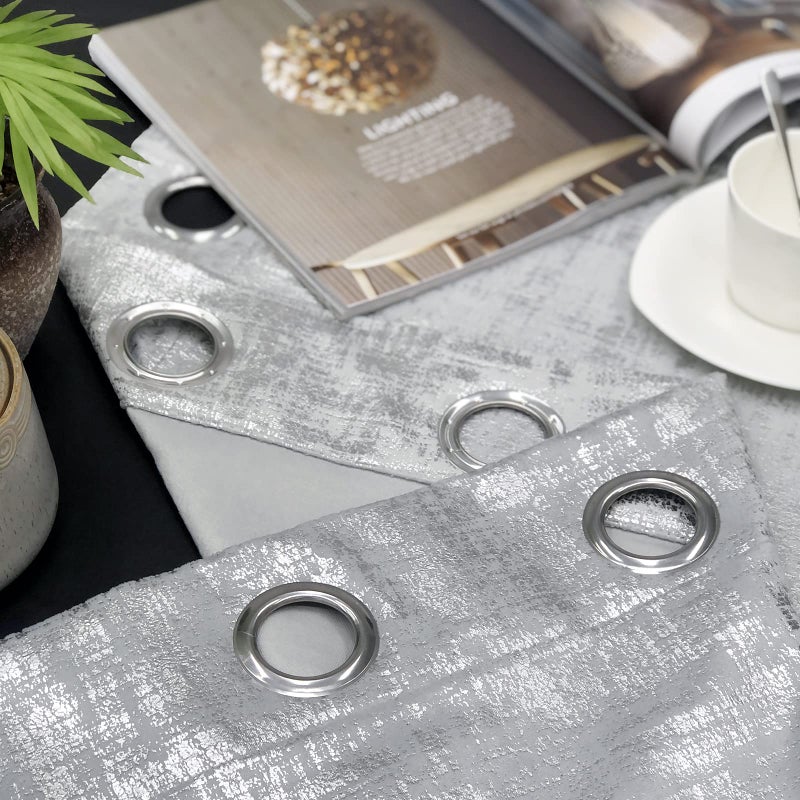 always4u Soft Velvet Curtains 84 Inch Length Luxury Bedroom Curtains Silver Foil Print Window Treatments for Living Room Set of 2 Silver - Image 2